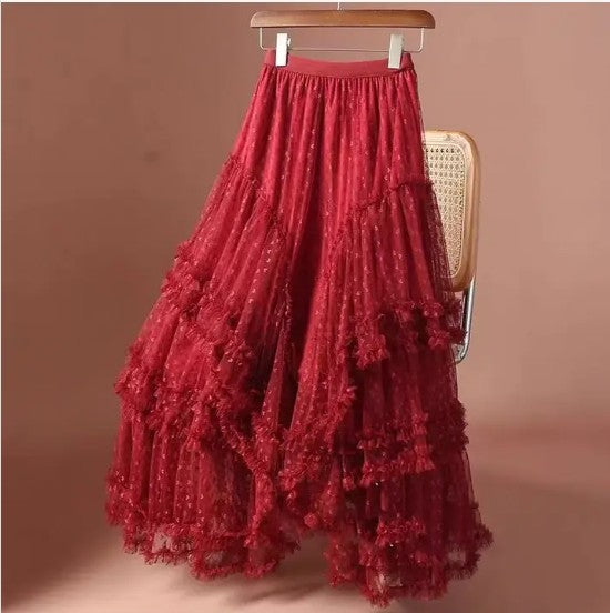 Red Mesh Ruffle Maxi Skirt