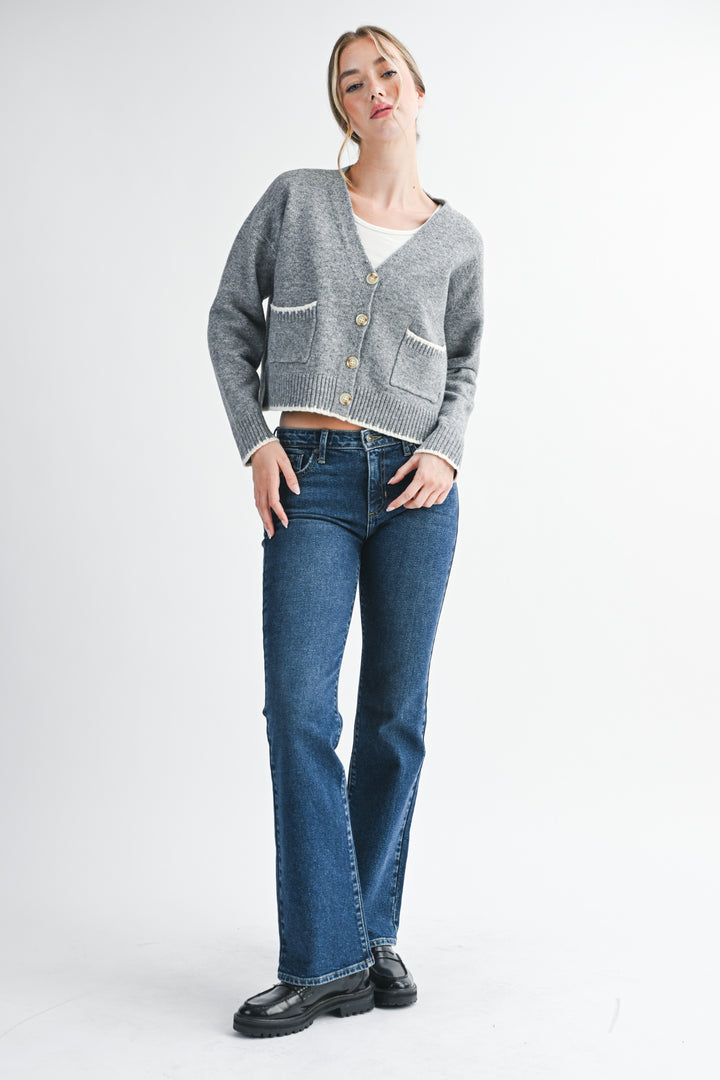 Cropped Cardigan With Contrast Stitching