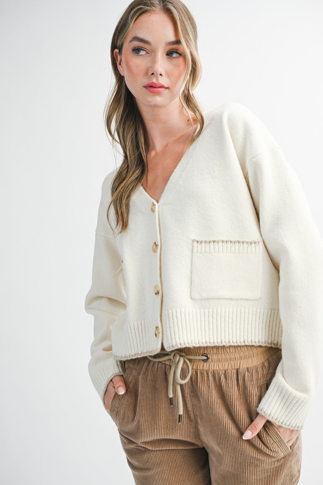 Cropped Cardigan With Contrast Stitching