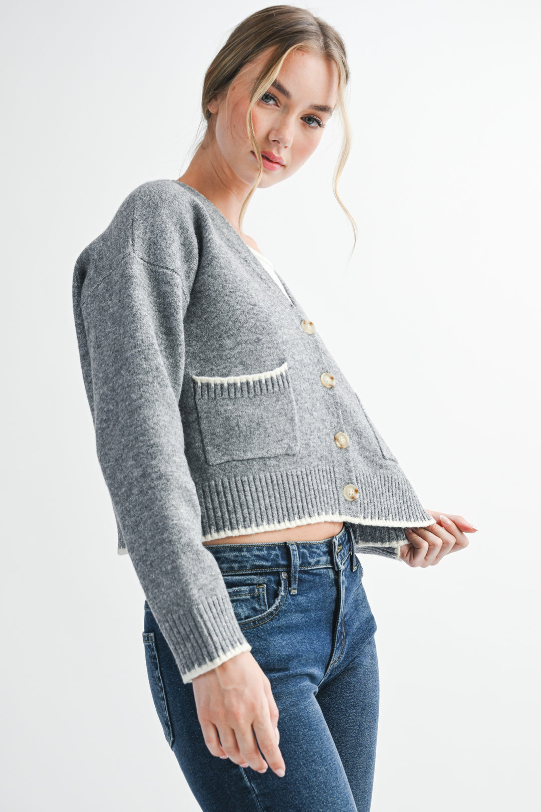Cropped Cardigan With Contrast Stitching