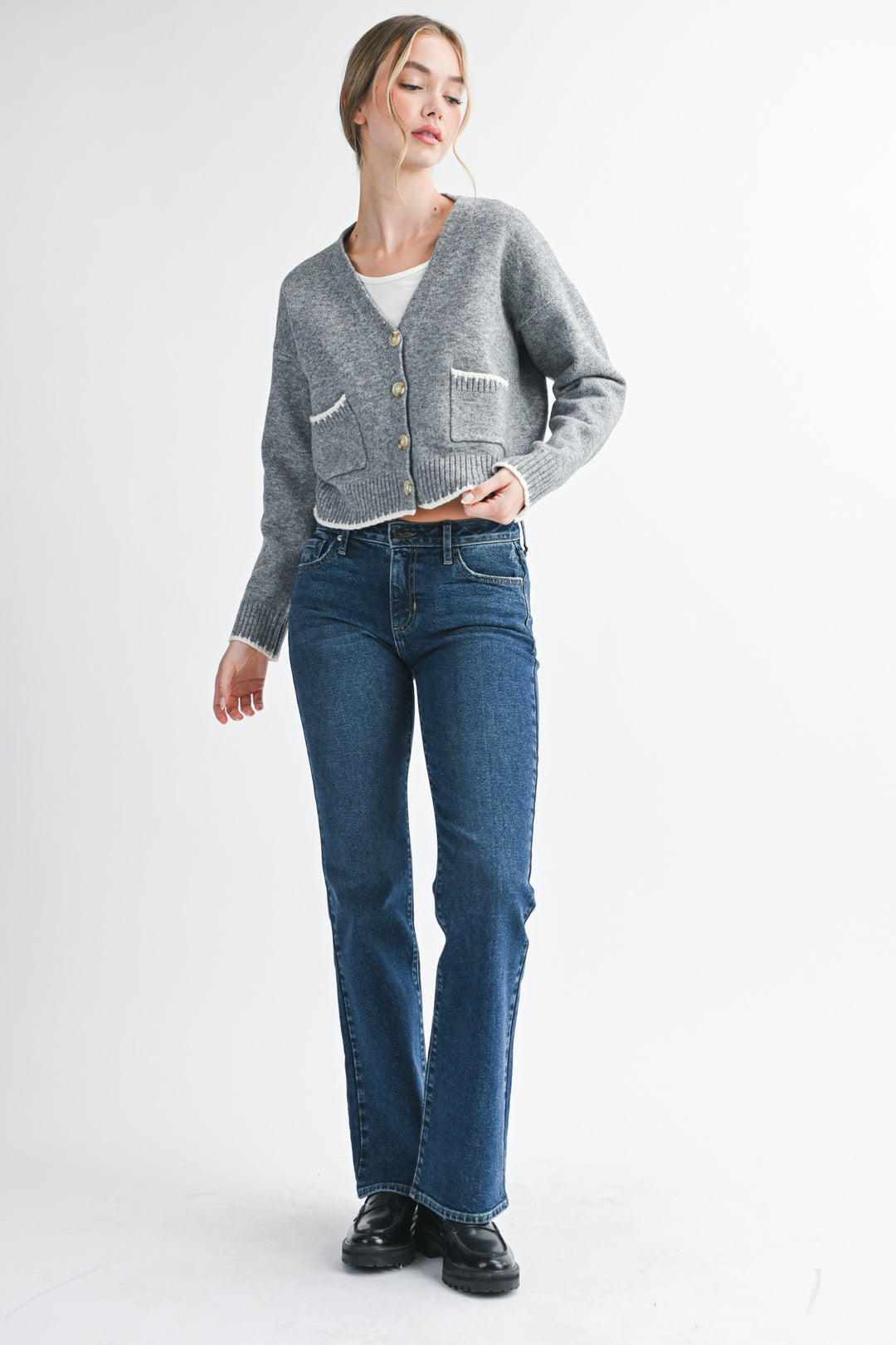 Ivory Cropped Cardigan With Contrast Stitching