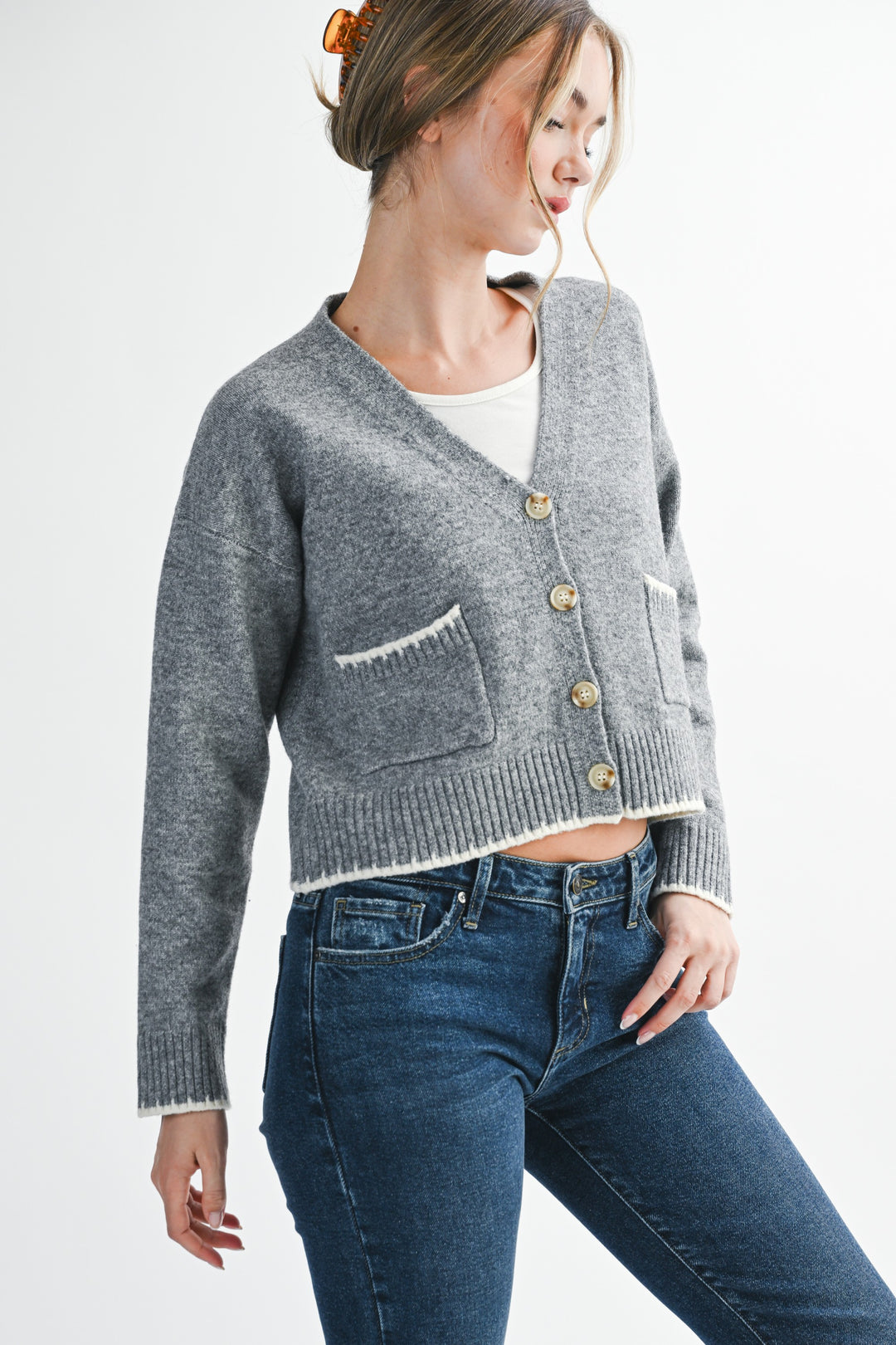 Cropped Cardigan With Contrast Stitching