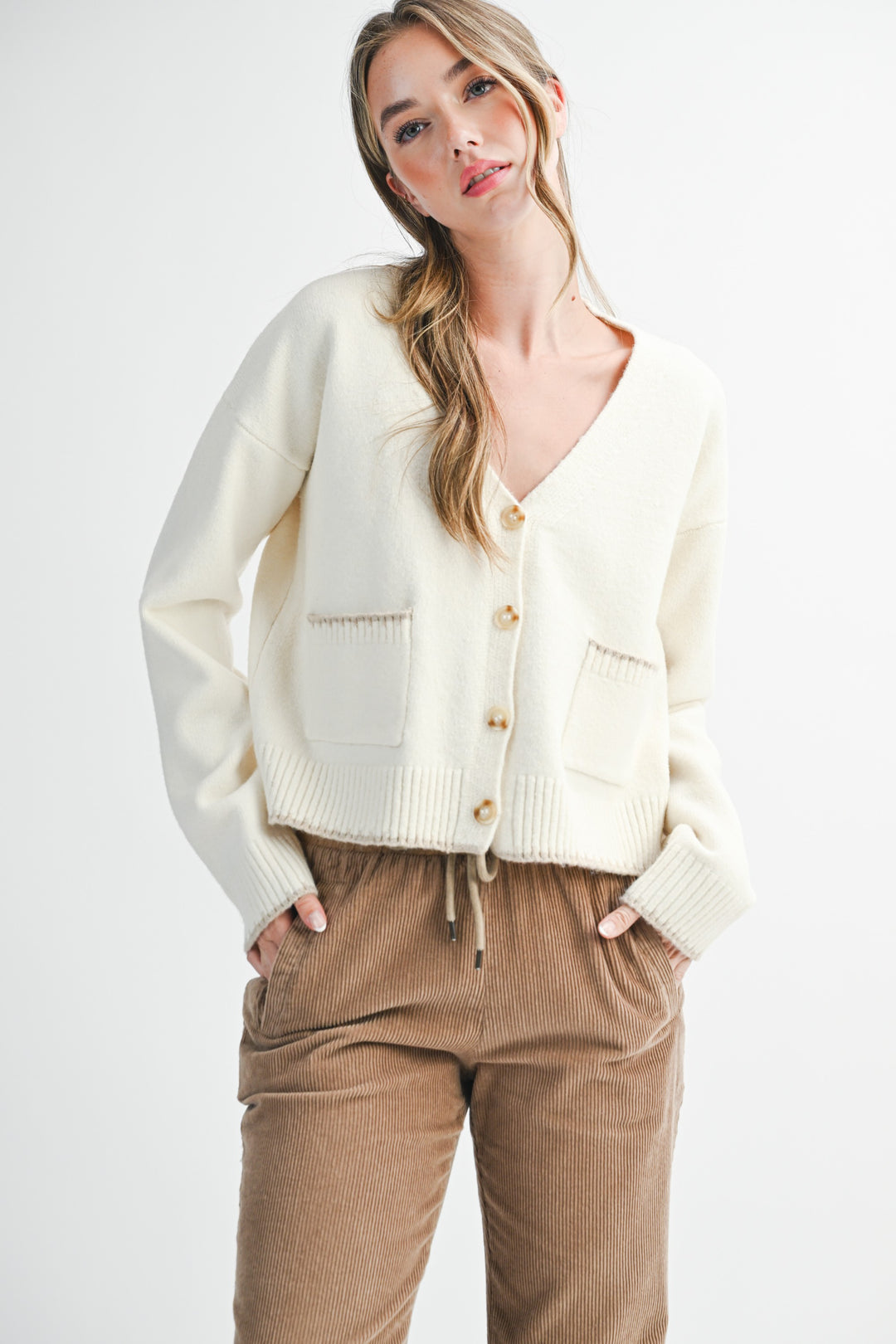 Cropped Cardigan With Contrast Stitching