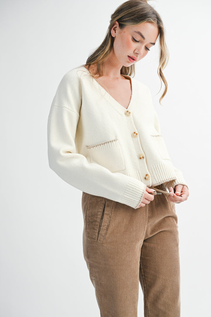 Cropped Cardigan With Contrast Stitching