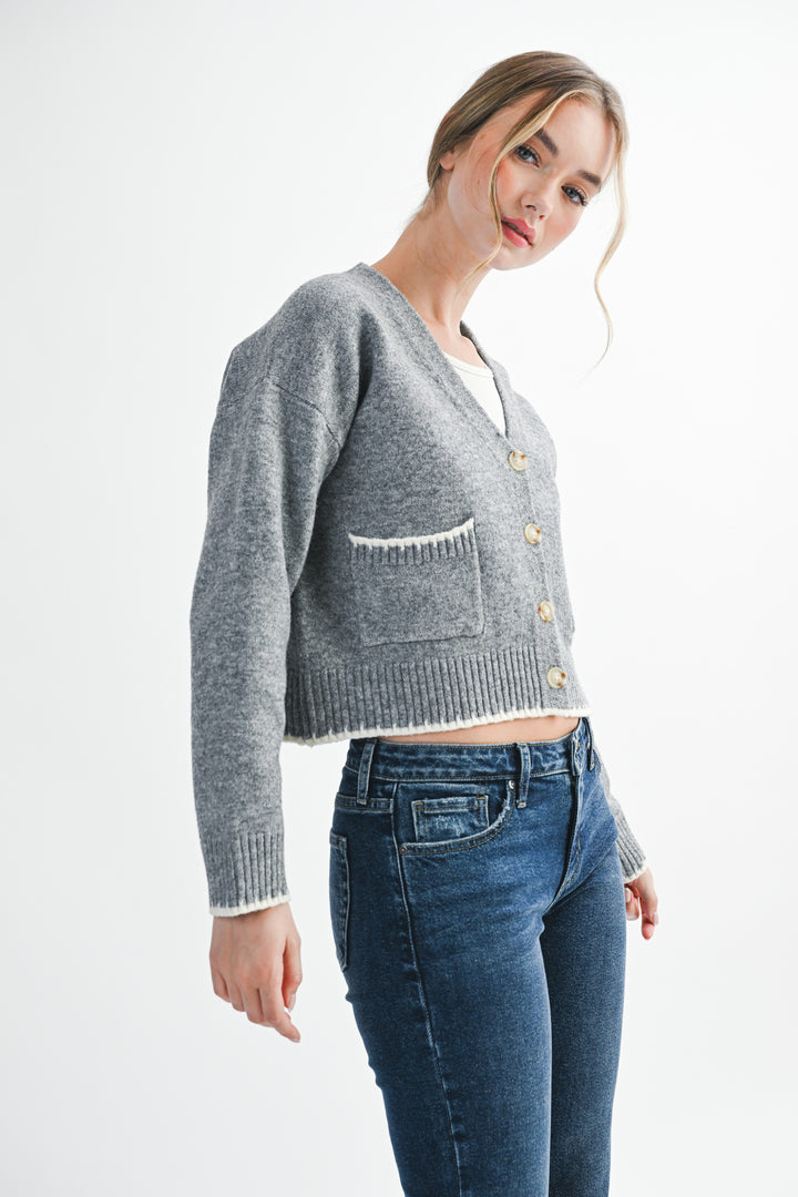 Cropped Cardigan With Contrast Stitching