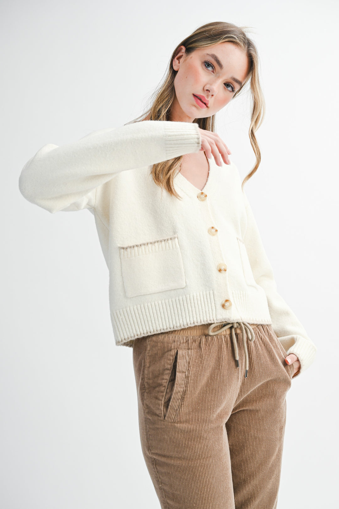 Cropped Cardigan With Contrast Stitching