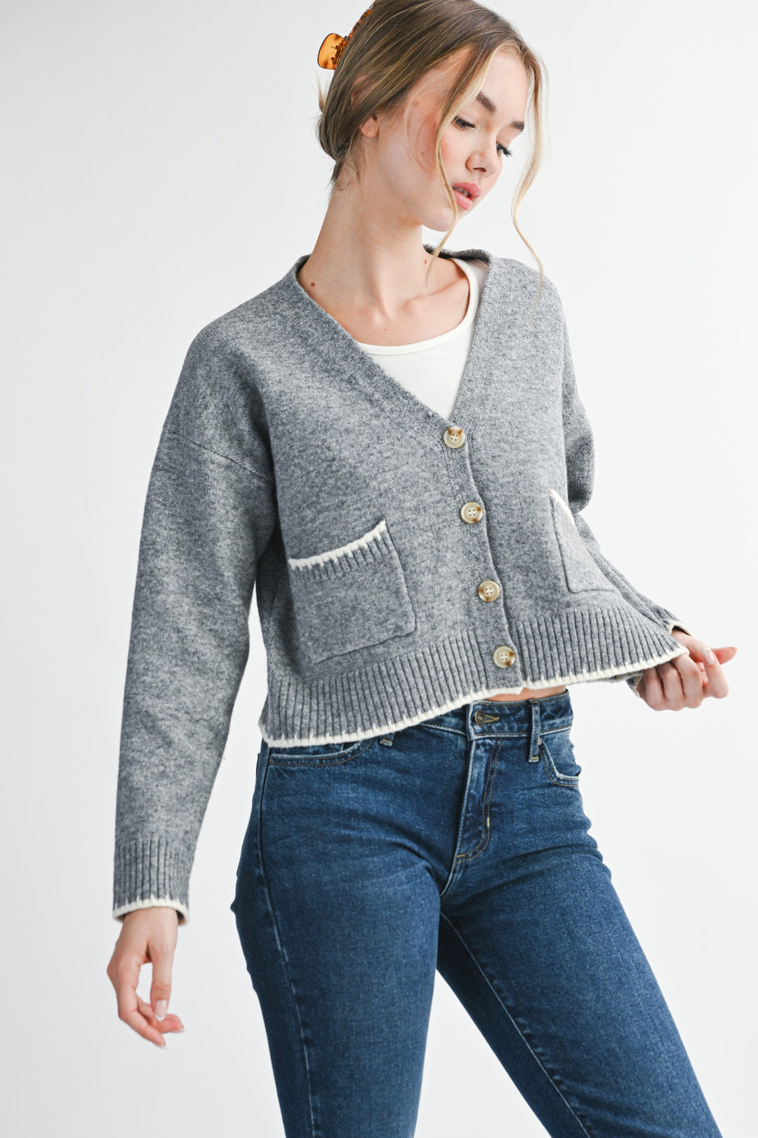 Cropped Cardigan With Contrast Stitching
