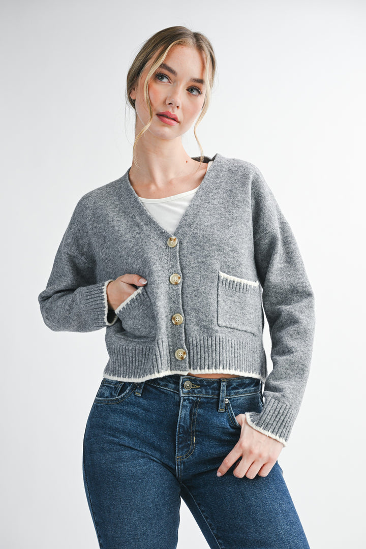 Gray Cropped Cardigan With Contrast Stitching