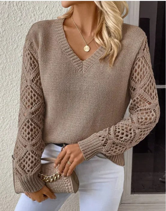 Green Womens Long Sleeve Hollow Knitted Sweater