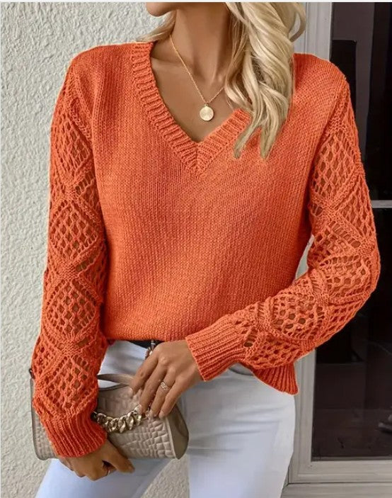 Green Womens Long Sleeve Hollow Knitted Sweater