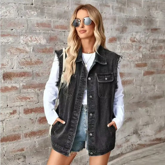 Black Sleeveless Denim Jacket