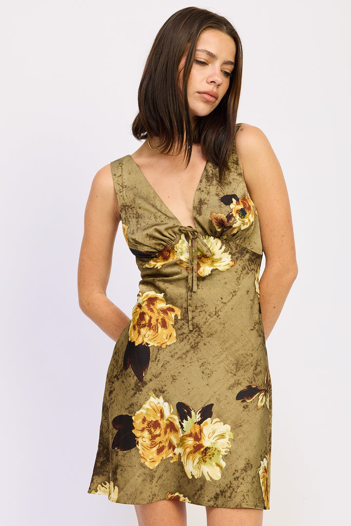 Olive Floral Bias Cut Mini Floral Dress