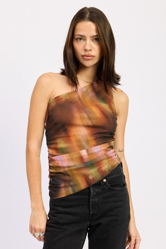 Rust Mixed Color Asymmetrical One Shoulder Top
