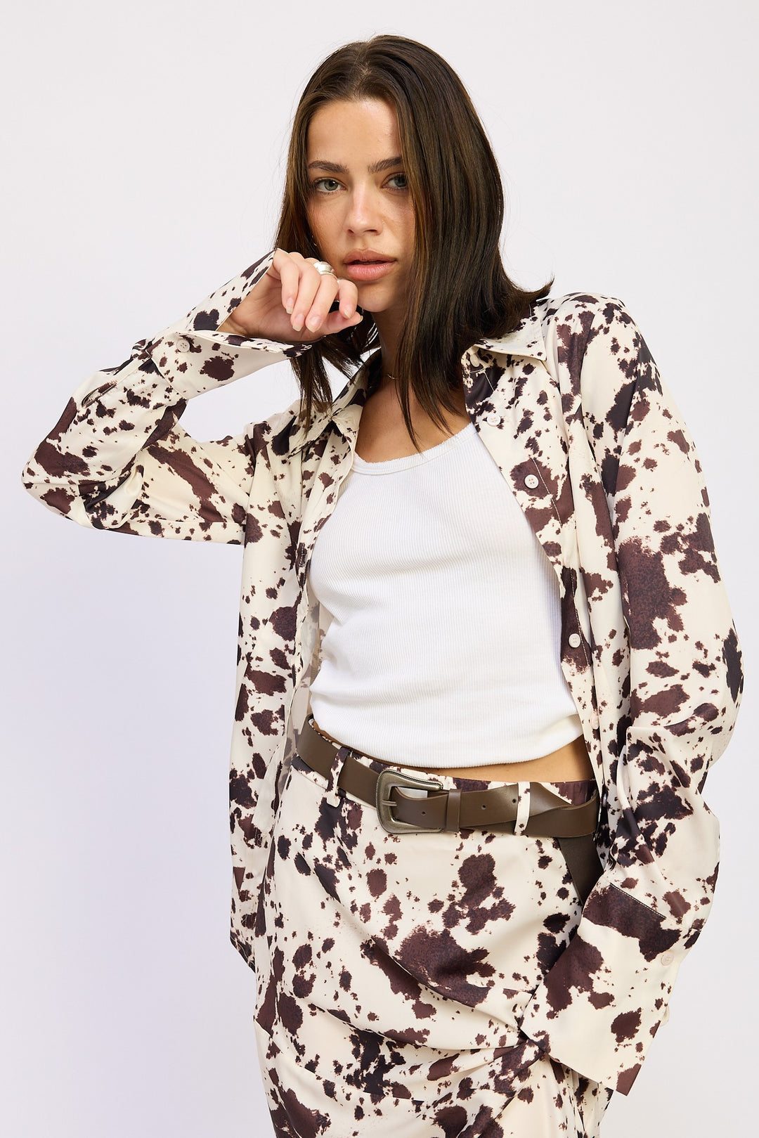 Cow Printed Satin Shirt Top