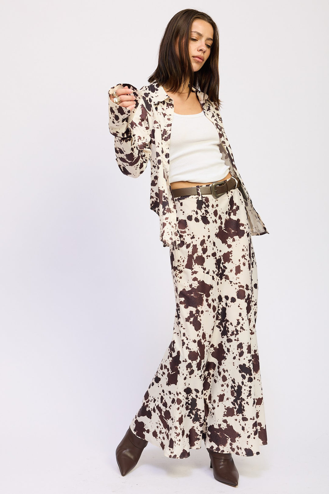 Cow Printed Satin Shirt Top