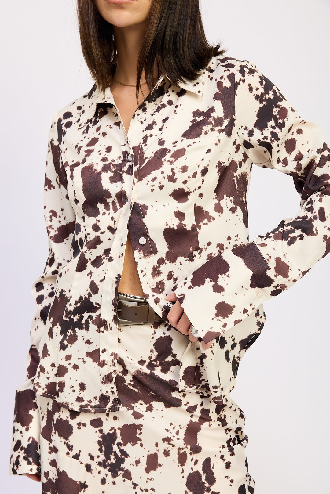 Cow Print Cow Printed Satin Shirt Top
