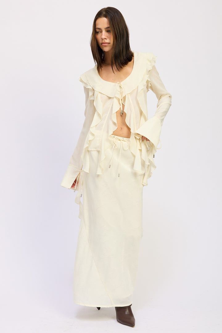 Cream Satin Maxi Skirt With Drawstring