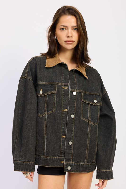 Grey Denim Mix Media Oversize Denim Jacket