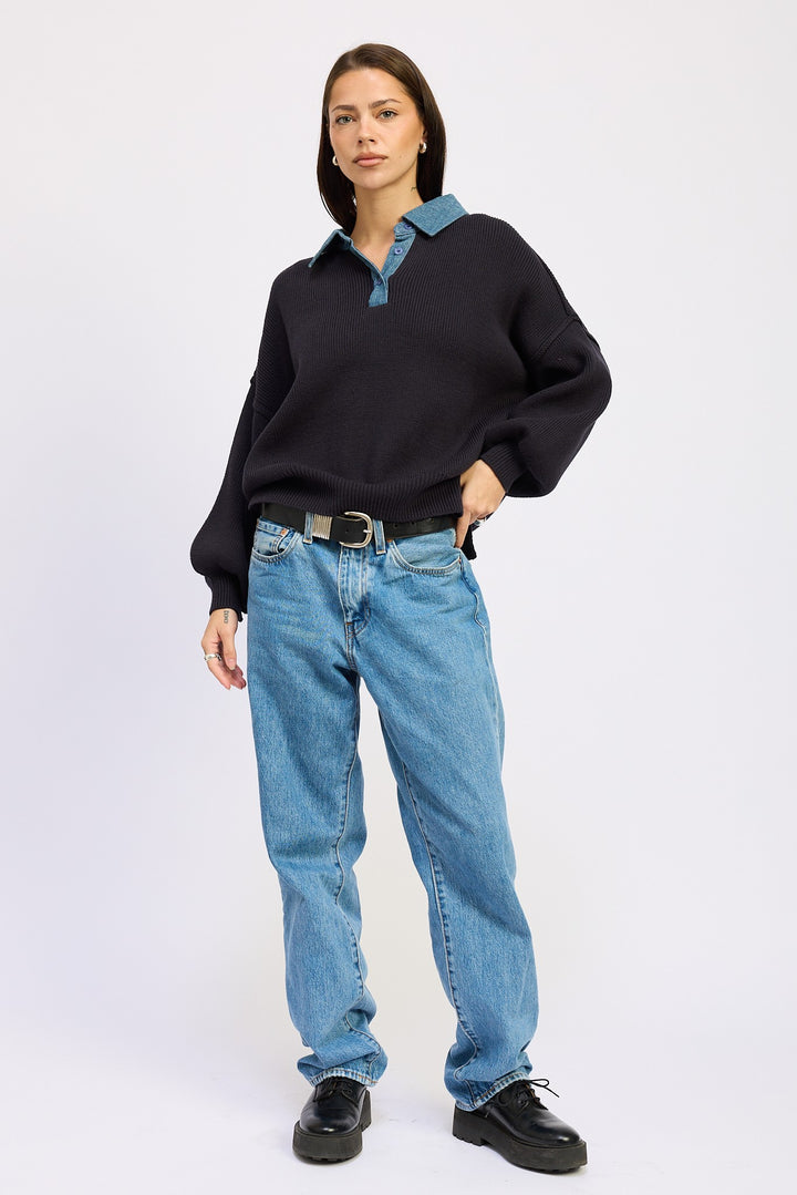 Navy Contrasted Oversize Sweater With Collar