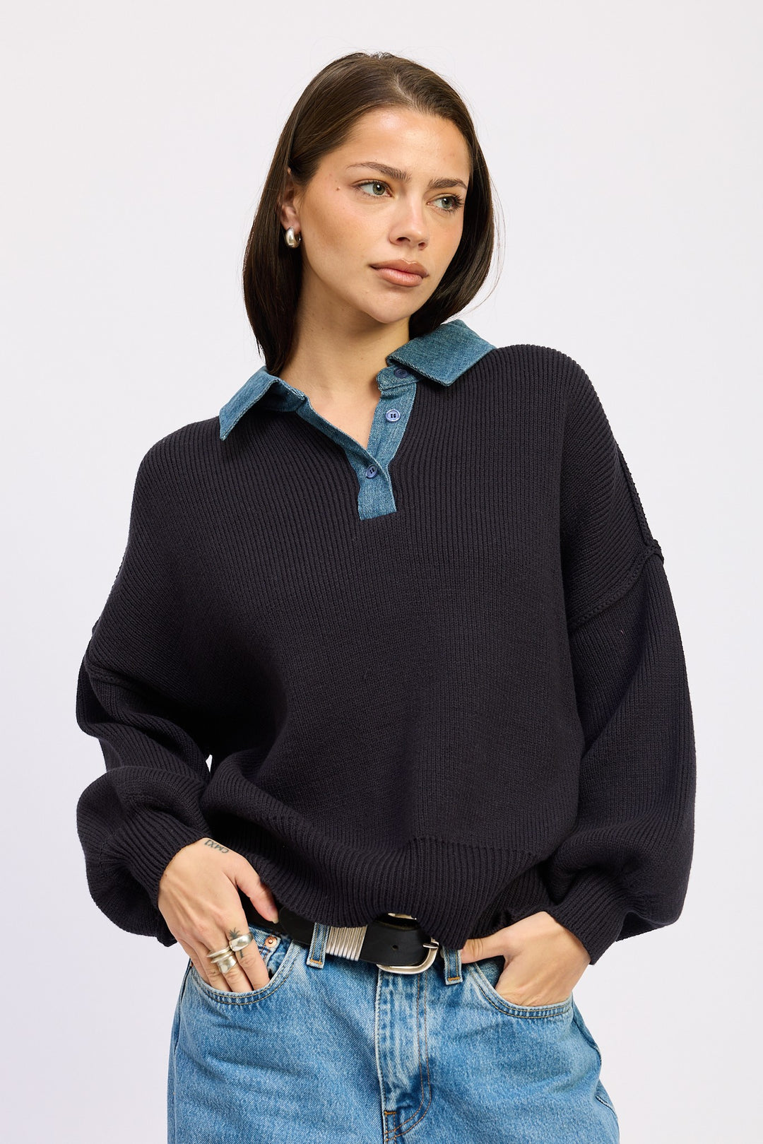 Navy Contrasted Oversize Sweater With Collar