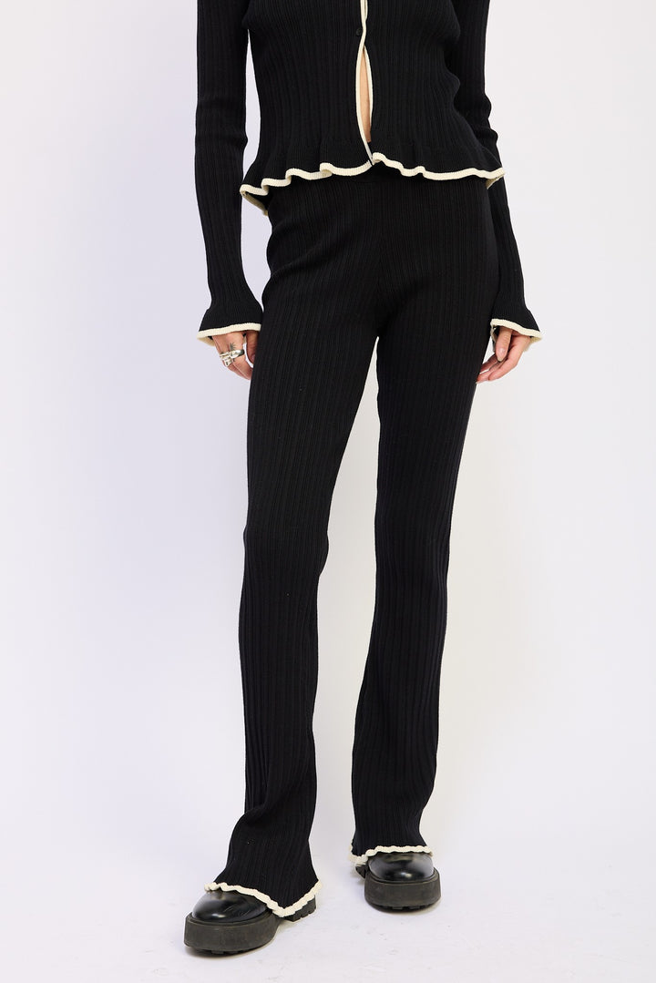 Black Flared Knit Pant With Lettuce Hem