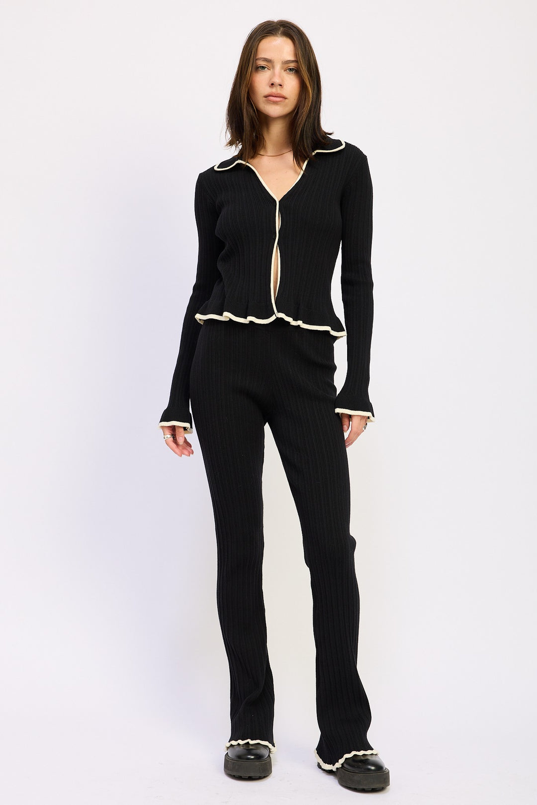 Black Flared Knit Pant With Lettuce Hem