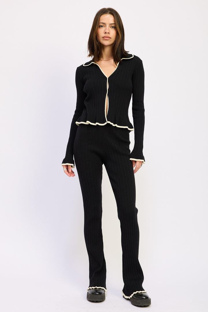 Black Flared Knit Pant With Lettuce Hem