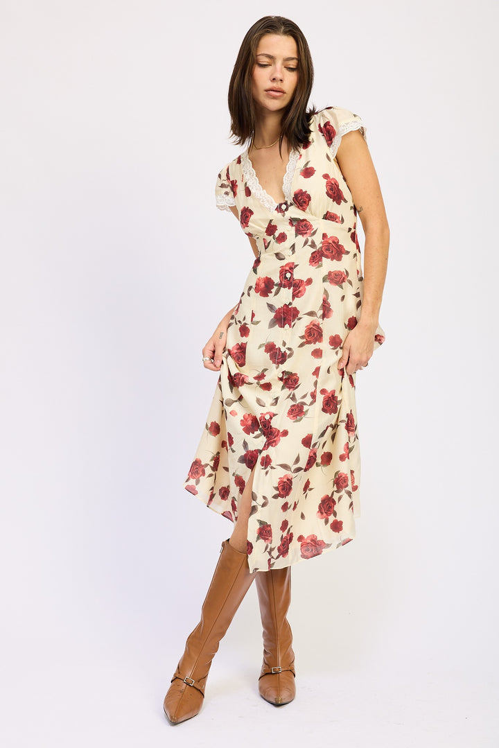 Floral Midi Dress With Cap Sleeve And Lace Detail