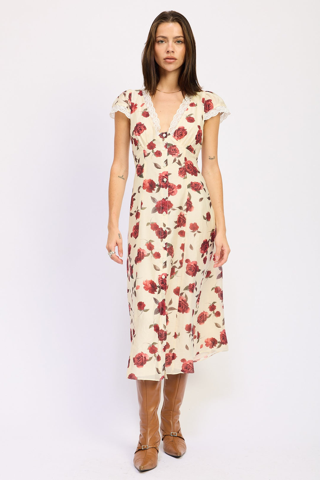 Burgundy Rose Floral Floral Midi Dress With Cap Sleeve And Lace Detail