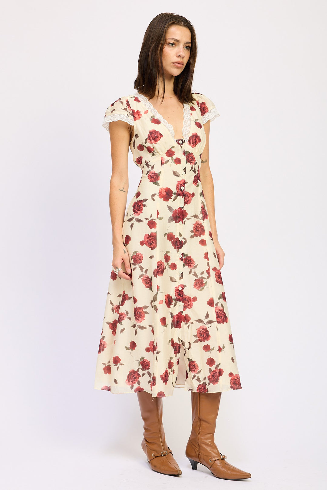 Floral Midi Dress With Cap Sleeve And Lace Detail