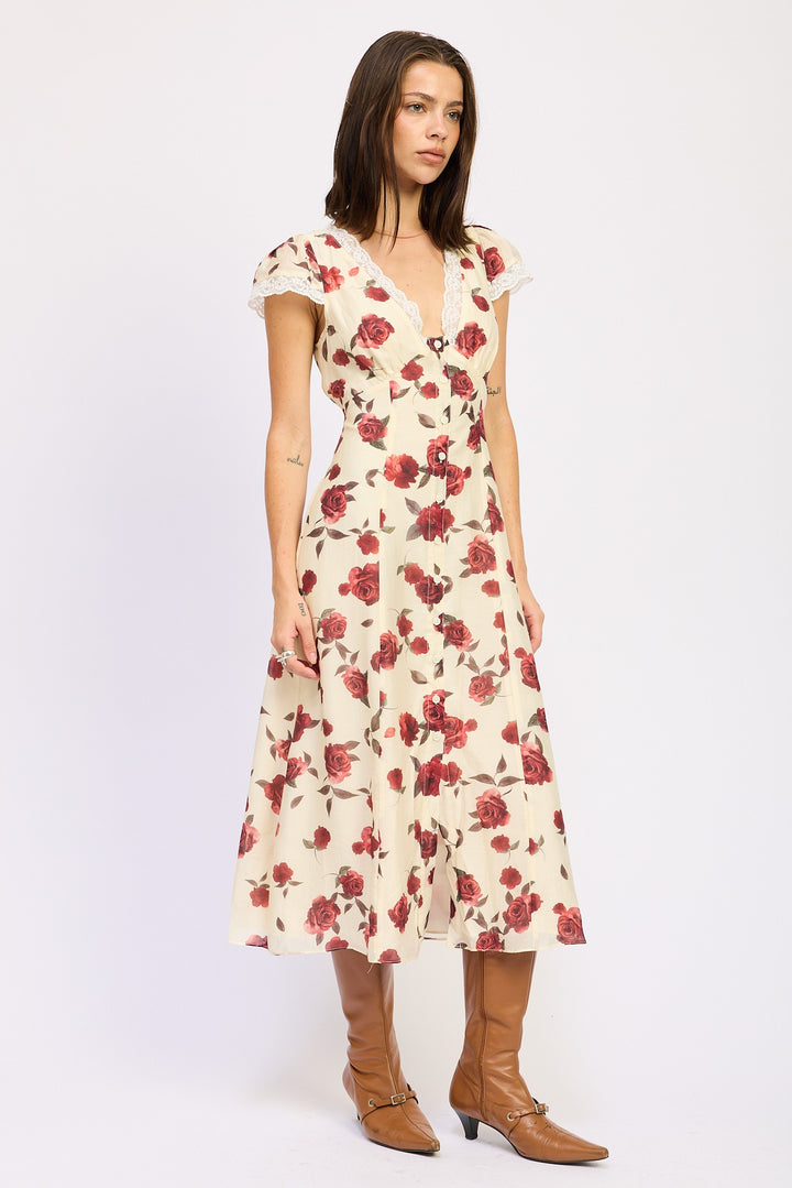 Floral Midi Dress With Cap Sleeve And Lace Detail