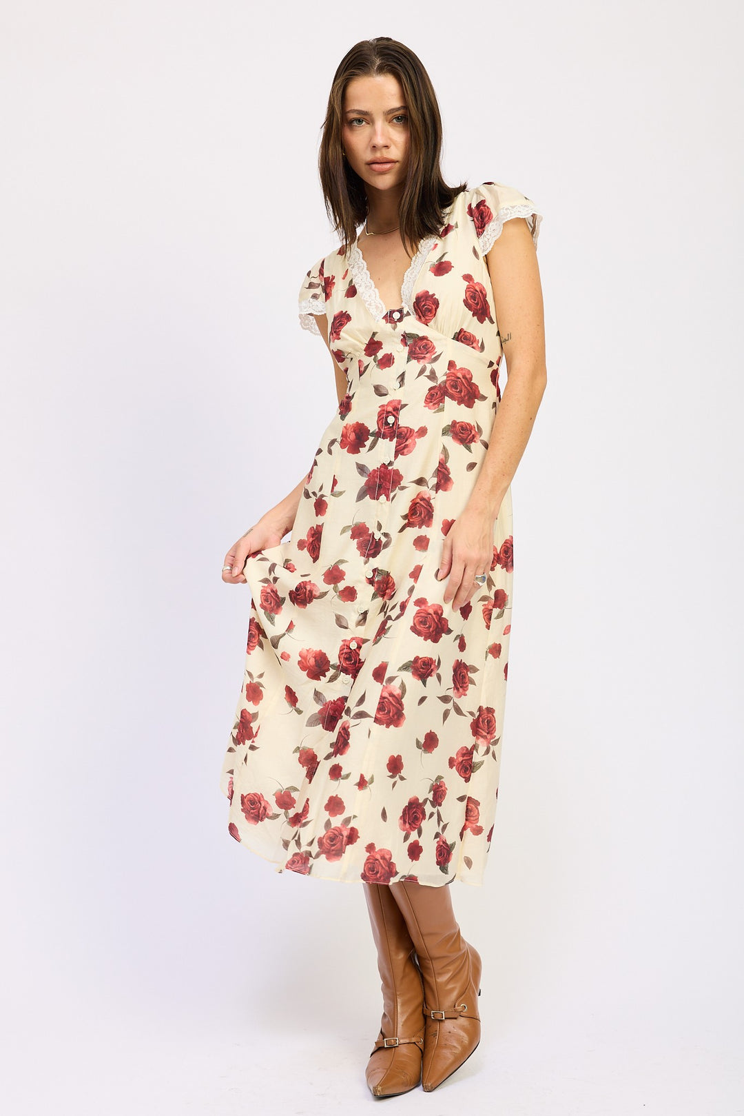 Floral Midi Dress With Cap Sleeve And Lace Detail
