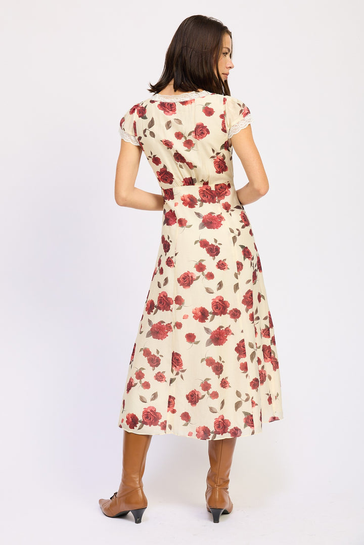 Floral Midi Dress With Cap Sleeve And Lace Detail
