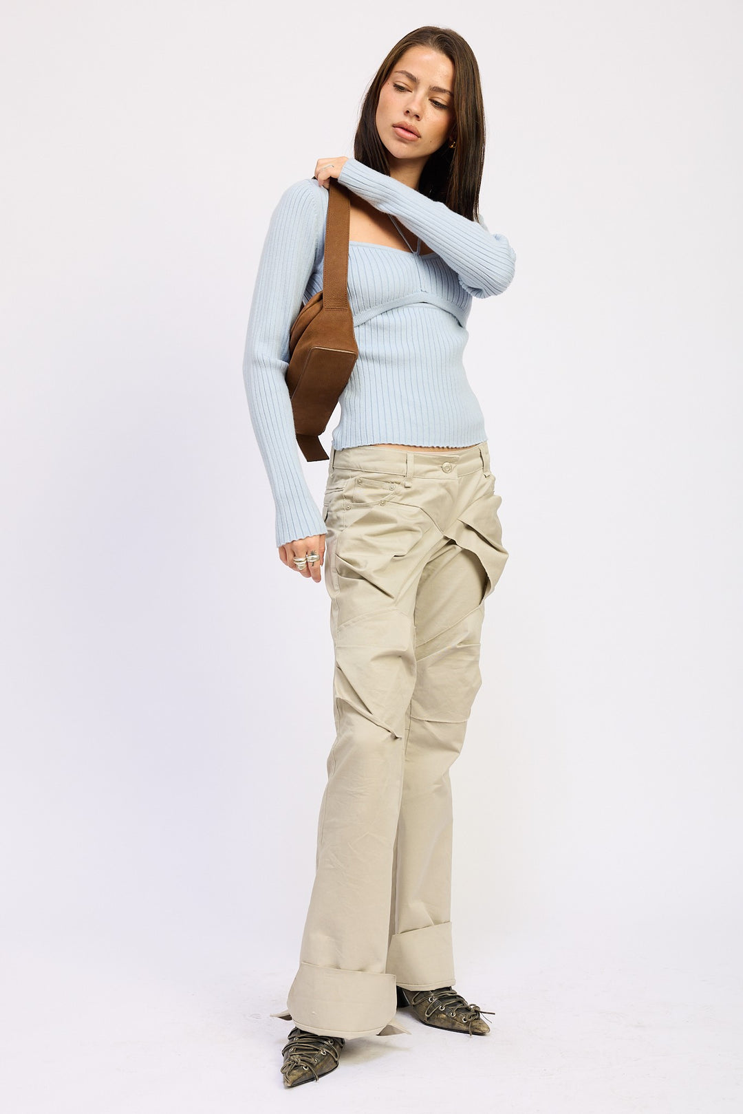 Oatmeal Squared Neck Knit Top With Cut Out Detail