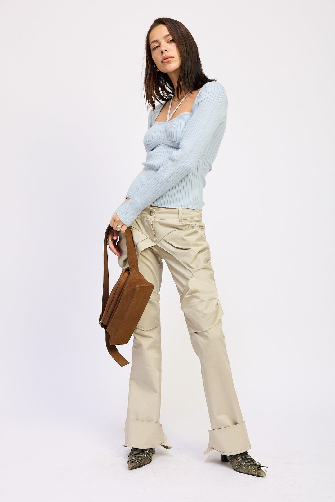 Oatmeal Squared Neck Knit Top With Cut Out Detail