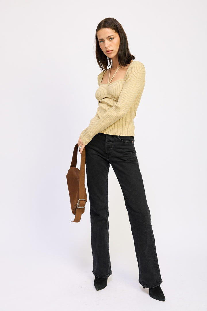 Squared Neck Knit Top With Cut Out Detail