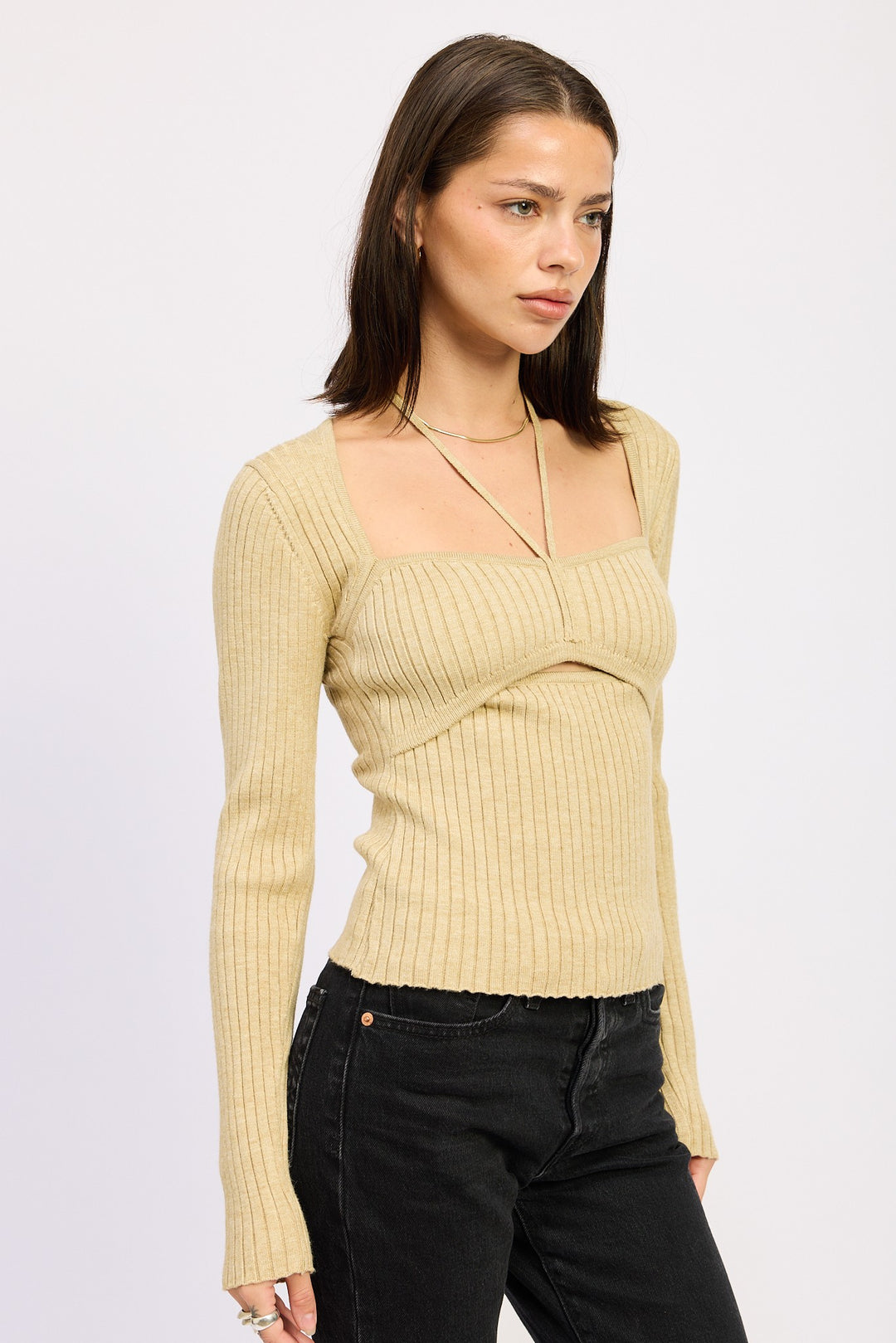 Squared Neck Knit Top With Cut Out Detail