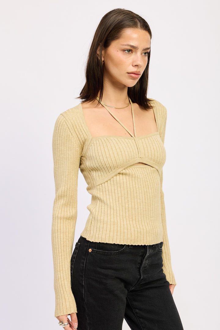 Squared Neck Knit Top With Cut Out Detail