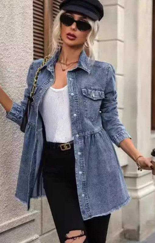 Blue Long Sleeve Denim Button Front Top