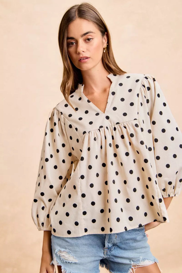 Ivory/Black Bibi Polka Dot Corduroy Quarter Sleeves V Neck Blouse