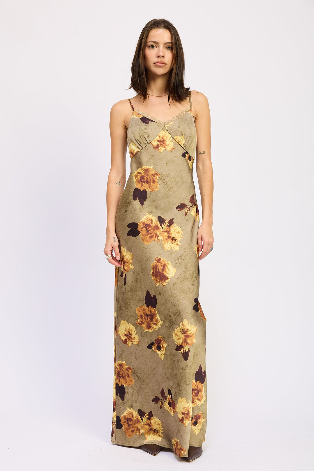 Olive Floral Satin Mid Slip Dress
