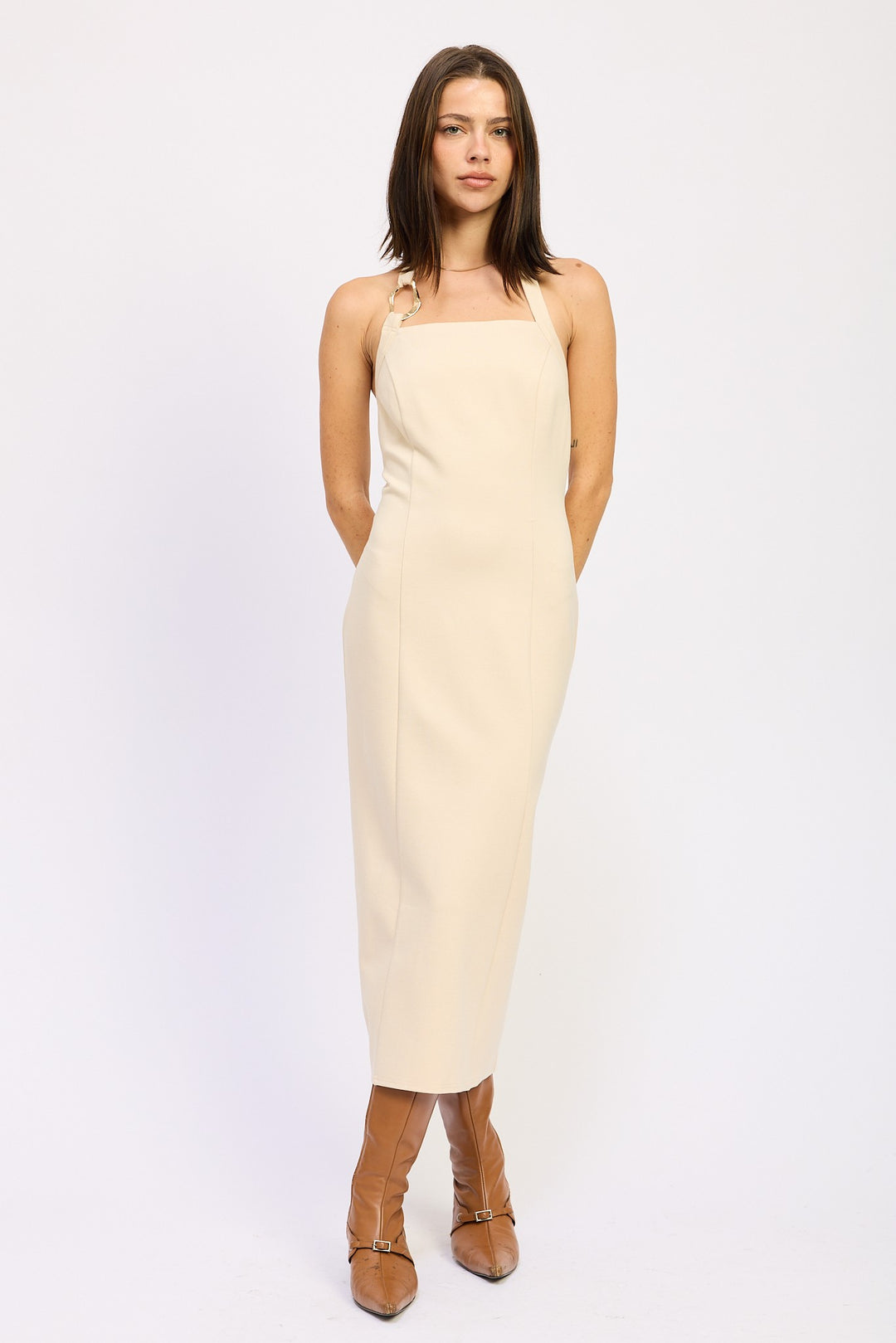 Taupe Hardward Halter Midi Dress 1