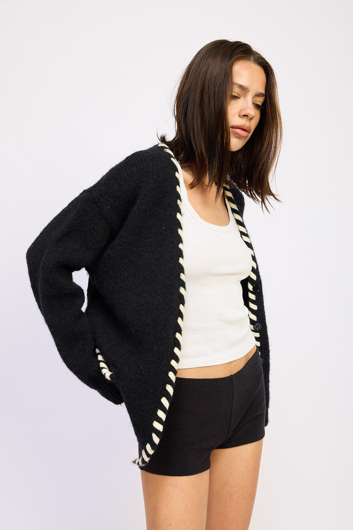 Leather Trim Cardigan With Buttons