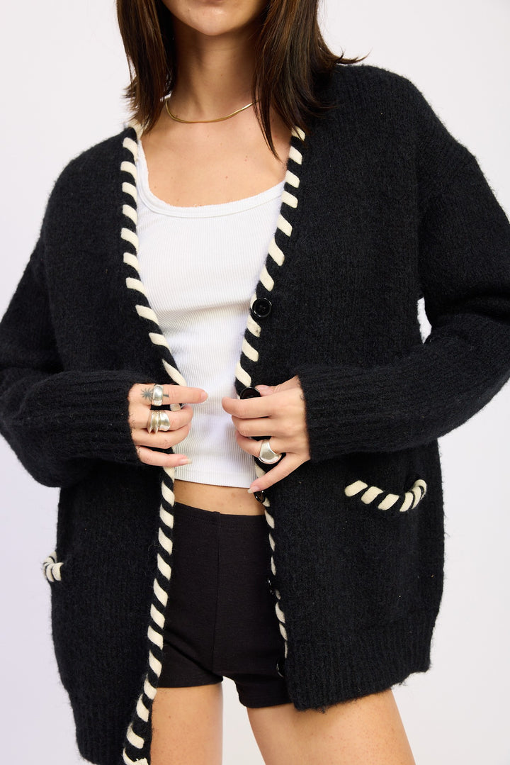 Black Leather Trim Cardigan With Buttons