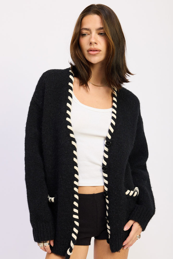 Black Leather Trim Cardigan With Buttons