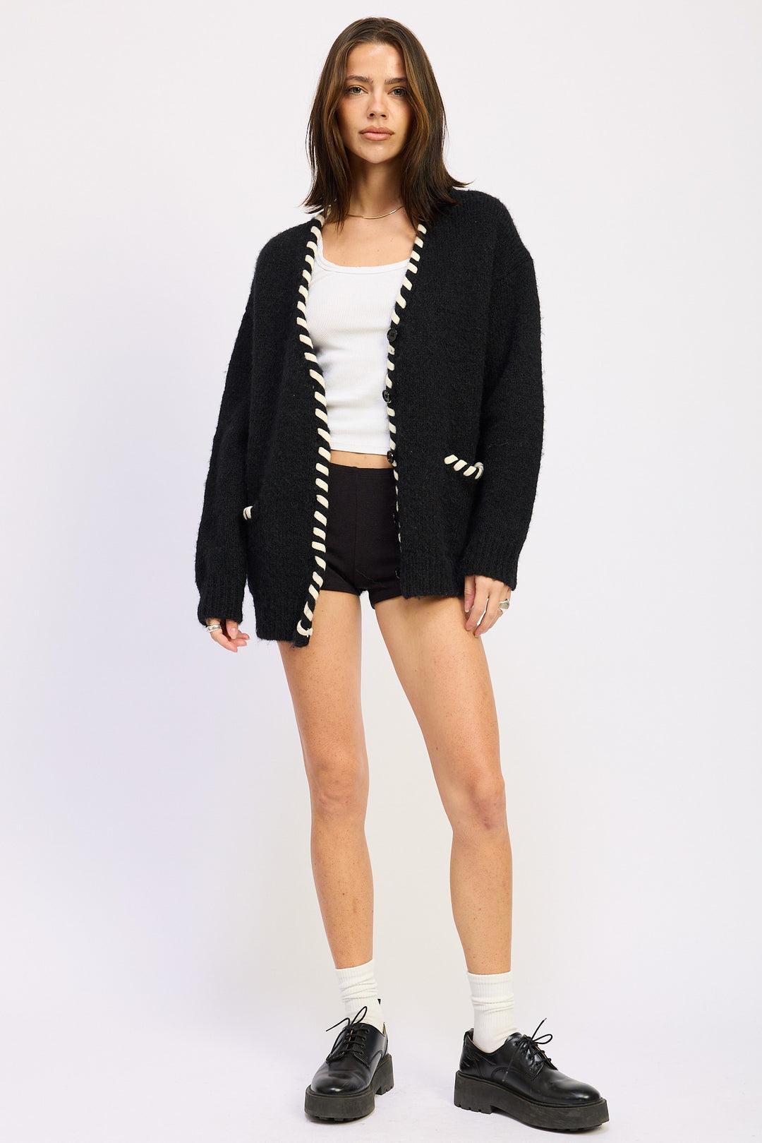 Black Leather Trim Cardigan With Buttons