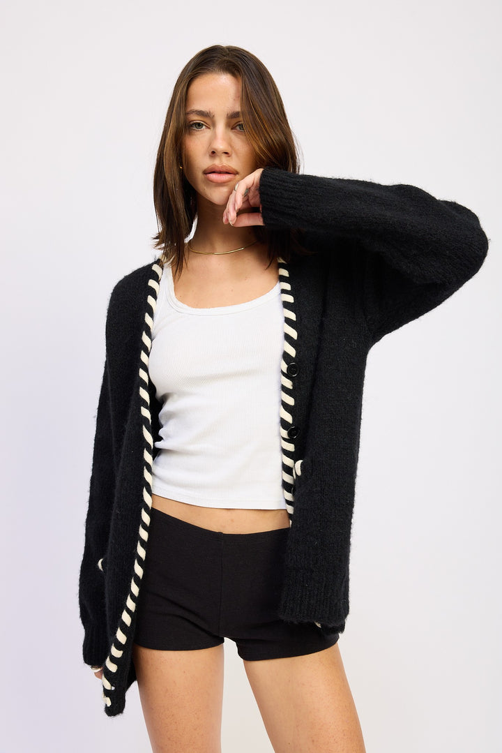 Leather Trim Cardigan With Buttons