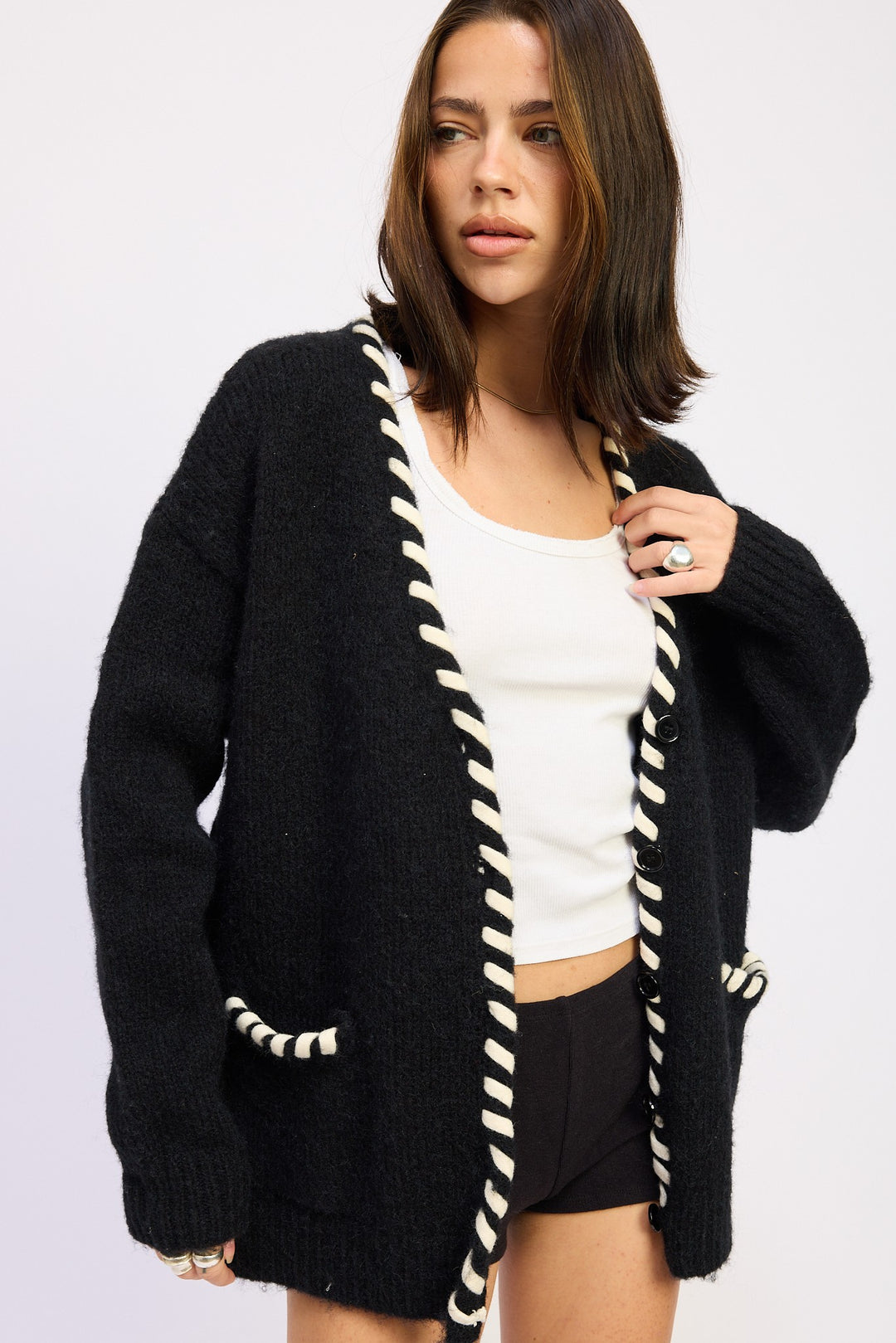 Leather Trim Cardigan With Buttons
