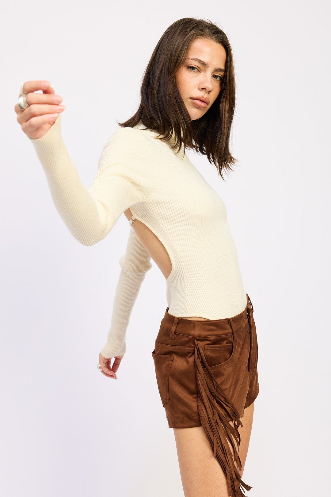 Long Sleeve Turtle Neck Bodysuit With Open Back