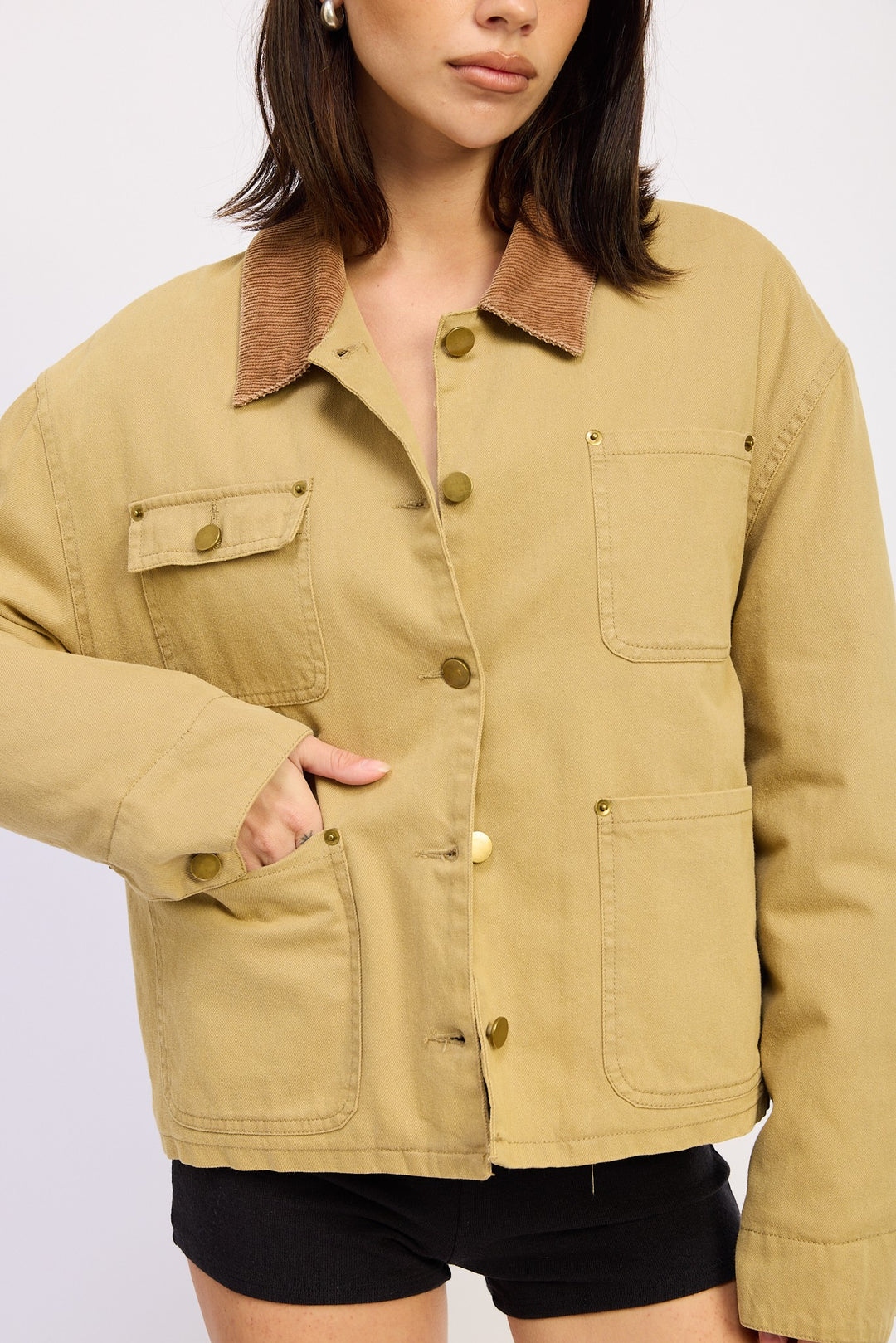 Olive Khaki Combo Chore Jacket With Pockets